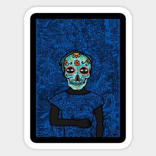 100: Vibrant Blue-Eyed Female Mexican Mask NFT with a Planetary Glyph Background Sticker